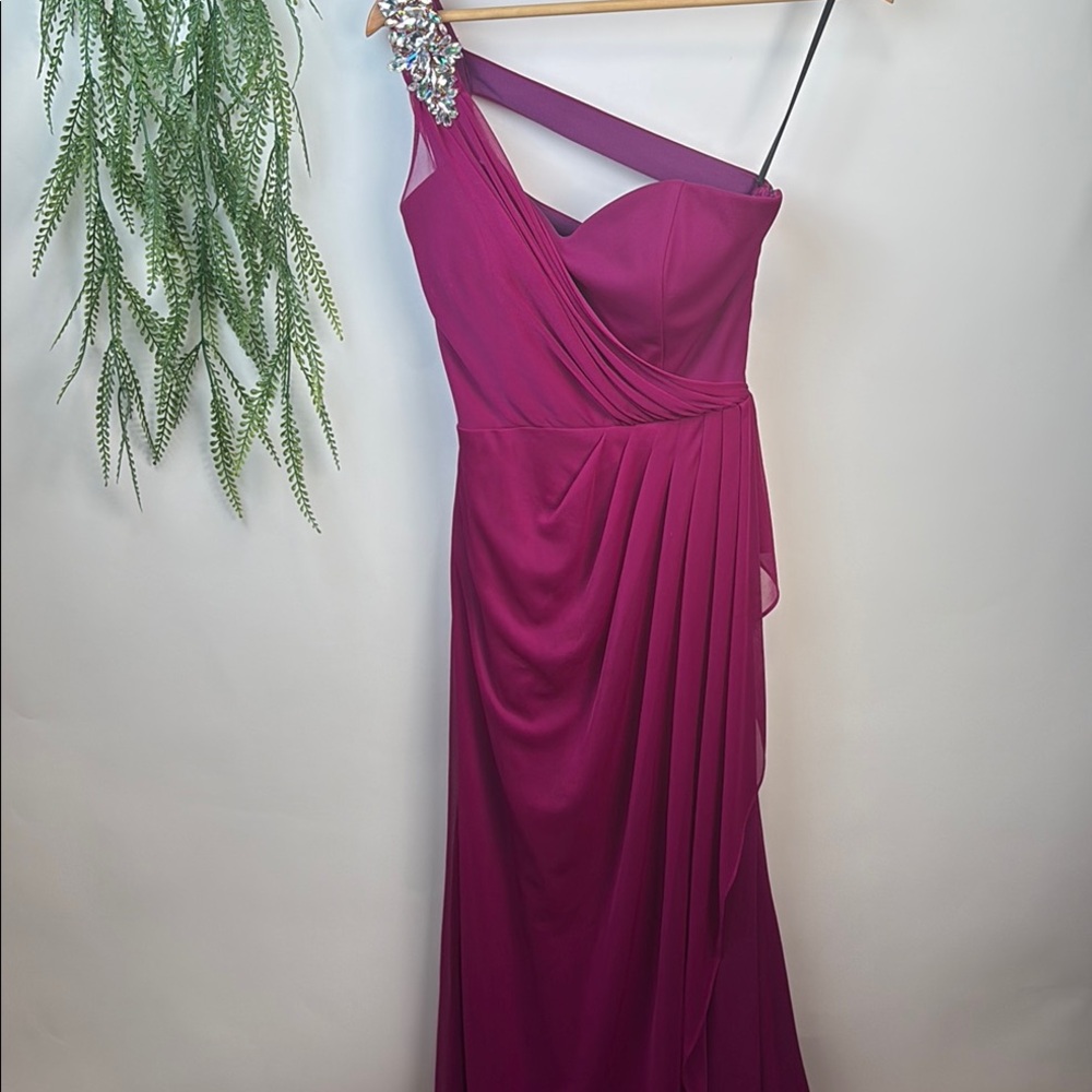 Xscape Pink One Shoulder Ruched Gown for Weddings